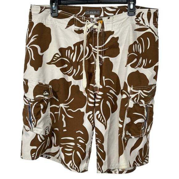 Quiksilver Men's Unlined Swim Trunks Size 36 Brown Leaf Print - Picture 1 of 15